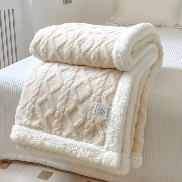 Pătură Cocolino Dublă 200x230 cm cu Blăniță Sherpa, Crem | Model Tricotat în Relief | 0507