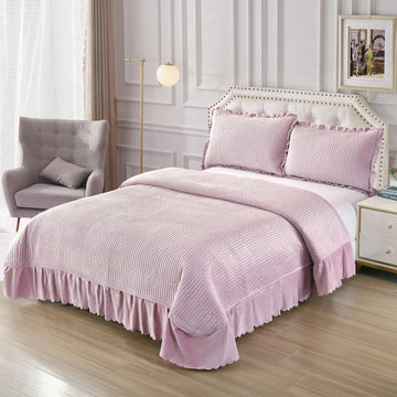 Cuvertură Pat Dublu Catifea cu Volane Elegante | 220x240 cm + 2 Fețe de Pernă 50x70 cm | 0316
