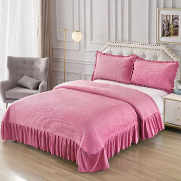 Cuvertură Pat Dublu Catifea cu Volane Elegante | 220x240 cm + 2 Fețe de Pernă 50x70 cm | 0318