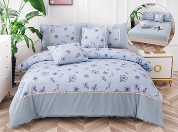Lenjerie de Pat Bumbac Fin, Albastru, Model Floral, cu Elastic 180x200 cm, 6 Piese | 0361