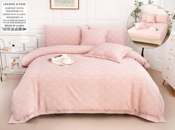 Lenjerie de Pat Bumbac Fin Gofrat, Roz, Model Geometric, cu Elastic 180x200 cm, 6 Piese | 0365