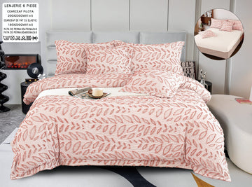 Lenjerie de Pat Bumbac Fin Gofrat, Roz, Model Frunze, cu Elastic 180x200 cm, 6 Piese | 0371