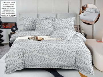 Lenjerie de Pat Bumbac Fin Gofrat, Gri, Model Frunze, cu Elastic 180x200 cm, 6 Piese | 0374