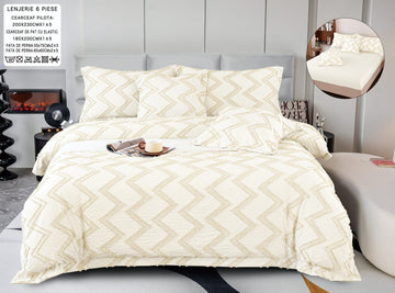 Lenjerie de Pat Bumbac Fin Gofrat, Crem, Model Zigzag, cu Elastic 180x200 cm, 6 Piese | 0378