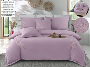Lenjerie de Pat Bumbac Fin cu Broderie, Lila, cu Elastic 180x200 cm, 4 Piese | 0386