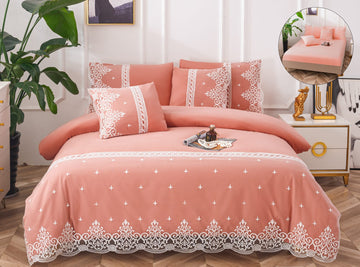 Lenjerie de Pat Bumbac Fin cu Dantelă, Coral, cu Elastic 180x200 cm, 6 Piese | 0396