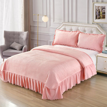 Cuvertură Pat Dublu Catifea cu Volane Elegante | 220x240 cm + 2 Fețe de Pernă 50x70 cm | 0320