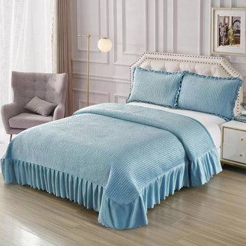 Cuvertură Pat Dublu Catifea cu Volane Elegante | 220x240 cm + 2 Fețe de Pernă 50x70 cm | 0321
