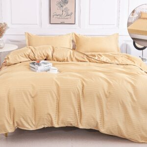 Lenjerie de pat dublu cu elastic 180x200 cm, realizată din microfibră premium cu țesătură tip damasc. Set 4 piese, confortabil, elegant și rezistent la utilizare zilnică. - Galben