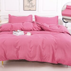 Lenjerie de pat dublu cu elastic 180x200 cm, realizată din microfibră premium cu țesătură tip damasc. Set 4 piese, confortabil, elegant și rezistent la utilizare zilnică. - Roz